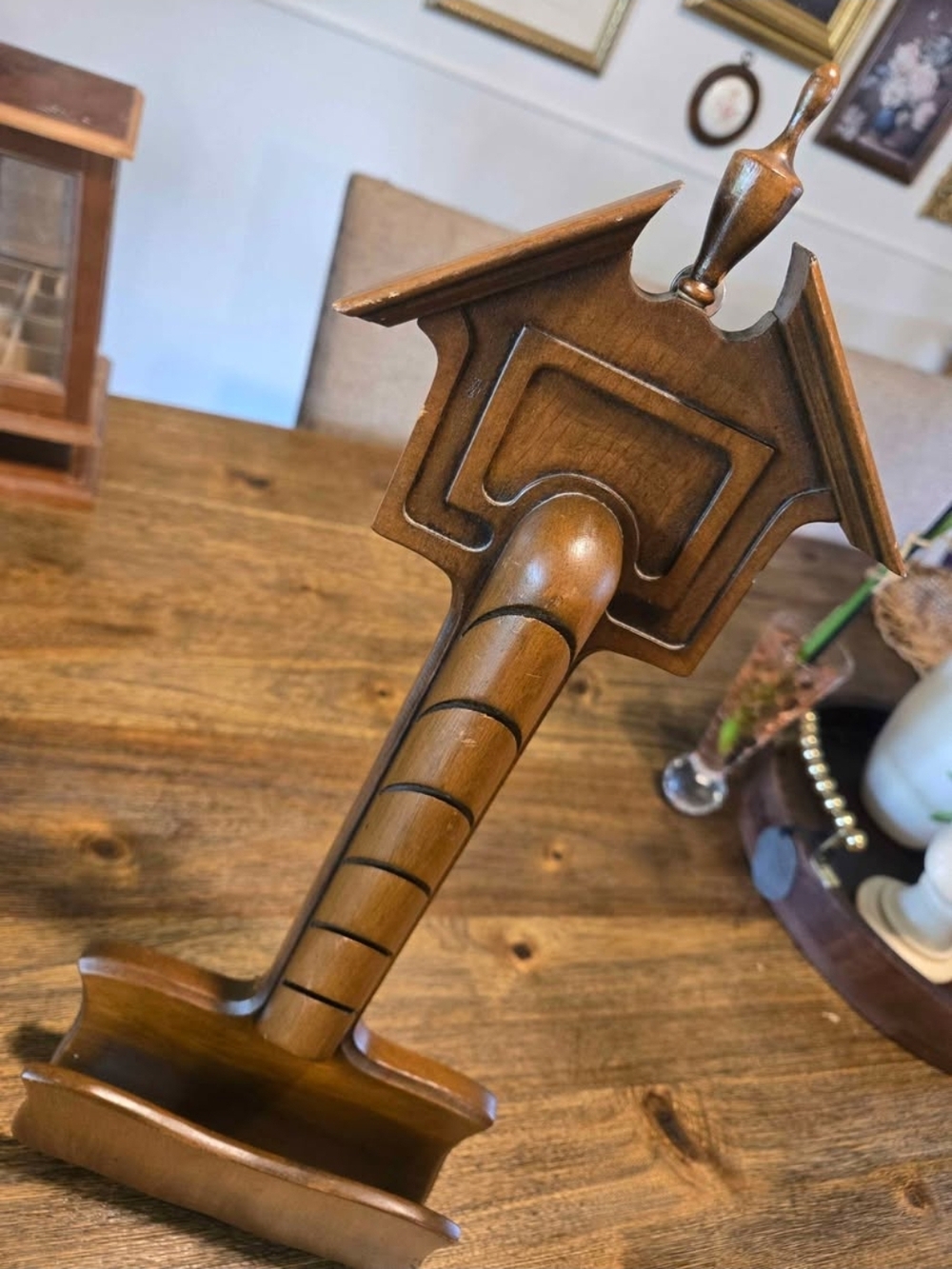 Turned Wood Display Stand with Decorative Finial - Warm Brown